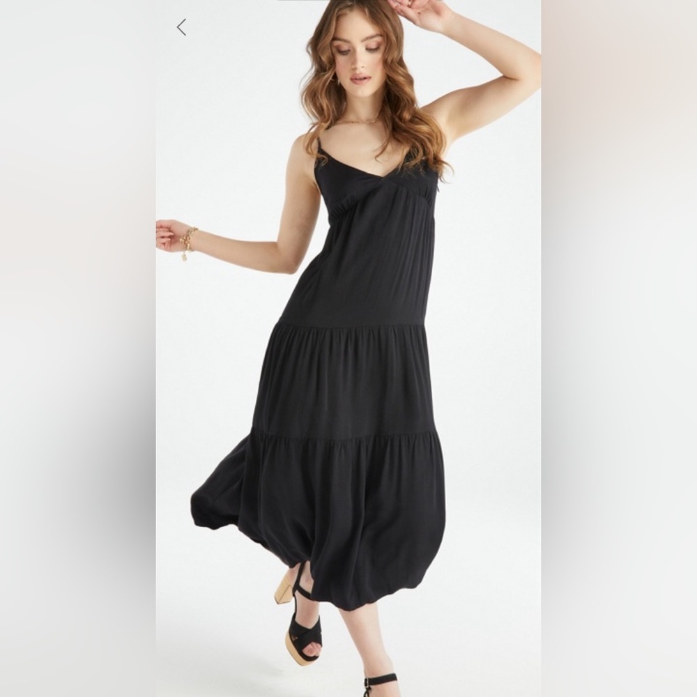 Black V Neck Tiered Baby Doll Maxi Dress